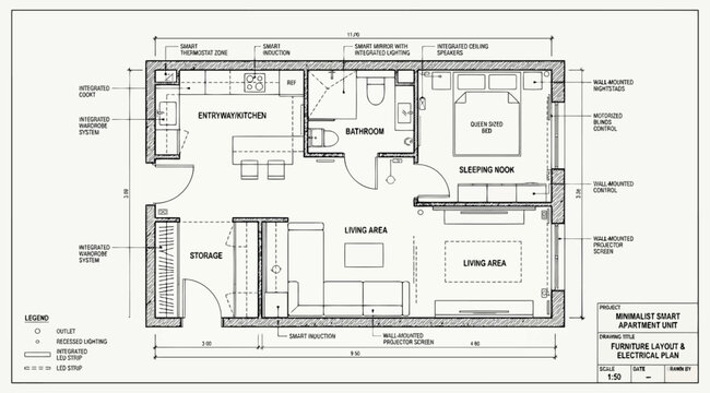 Minimalist smart apartment unit furniture layout and electrical plan