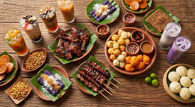 Traditional Filipino food spread featuring local delicacies, grilled specialties, native desserts, refreshments, and regional culinary heritage.
