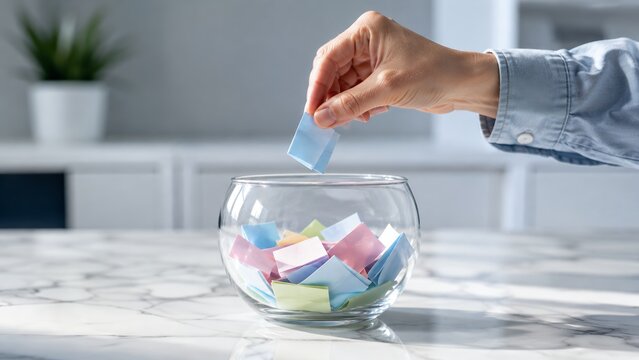 Hand Placing Colorful Paper Notes into Glass Bowl on Blue Background &ndash; Choice, Decision Making, Lottery, Voting and Random Selection Concept