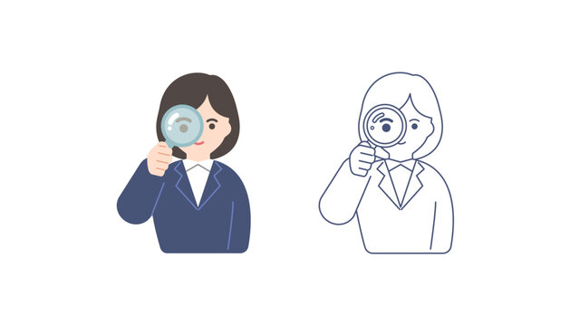 虫眼鏡でものを見るスール姿の女性のイラスト