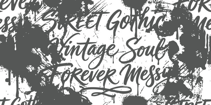 Seamless pattern with hand written graffiti calligraphy text and dark ink paint drips for urban street style