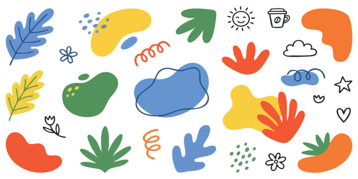 Set of colorful hand drawn abstract shapes and cute doodle elements for creative design and modern decoration