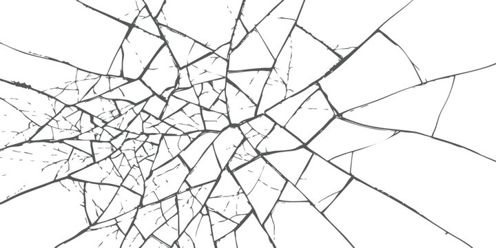 Broken glass texture with sharp cracks and shattered pieces forming a spiderweb pattern on a flat surface