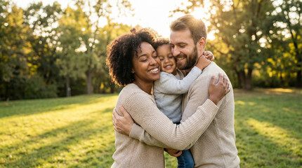 Obraz premium Diverse Family Embracing Joyfully in Sun-Dappled Park with Warm Sunlight