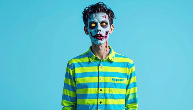 Zombie with pale skin and blood makeup wearing a striped shirt against a blue background.