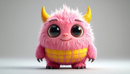 Adorable Pink Monster with Big Eyes and Yellow Horns on a Gray Background.