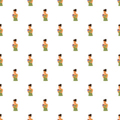 Fototapeta premium Woman holding a small cake with lit candles, expressing sadness and loneliness in a repeating pattern
