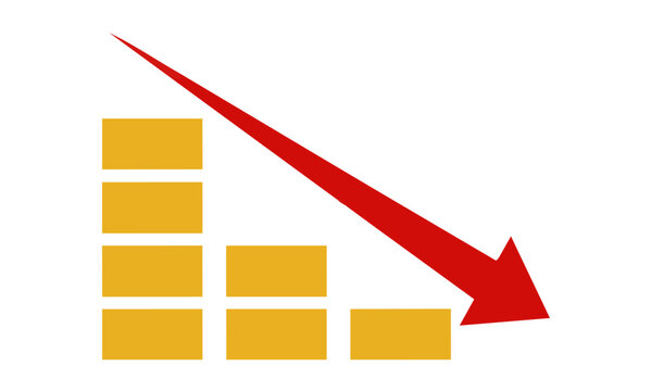 Financial loss icon with descending stacks of golden assets and a sharp red arrow pointing downwards showing a market downturn concept