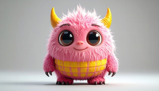Adorable Pink Monster with Big Eyes and Yellow Horns on a Gray Background.
