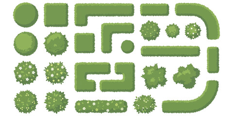 Top view landscape design elements with trees bushes and garden hedges for architectural map site plans © GraphixEra