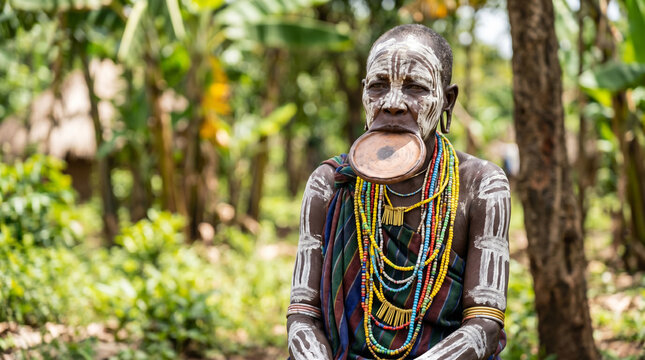 Elderly Woman with Lip Plate and White Body Paint in Ethiopian Village