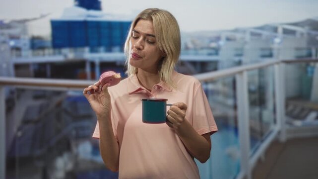 Young woman in pink polo holding a pink pastry and teal mug, lips pursed tasting the snack while standing on a cruise ship deck; quiet contemplation.