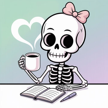 Cartoon skeleton with bow drinking coffee and writing in notebook transparent background