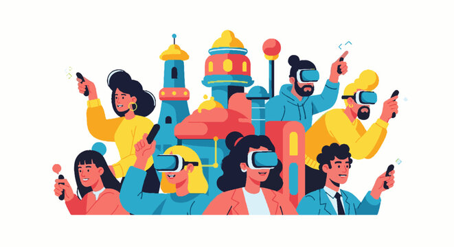 Colorful Group of People Wearing VR Headsets in a Fun Virtual Reality Scene.