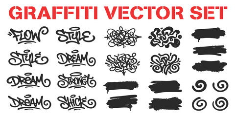 Set of black graffiti street art elements with hand drawn tags and artistic spray paint brush stroke shapes © GraphixEra
