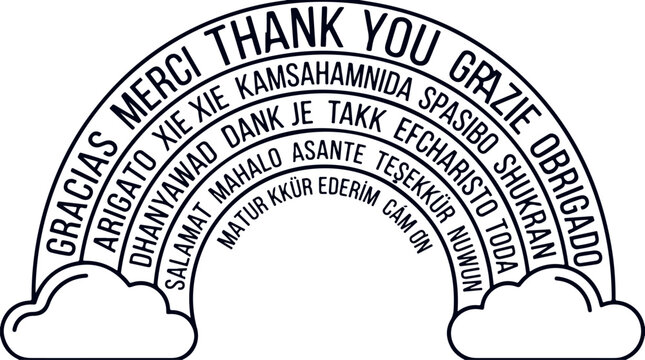 Rainbow semicircle shape with thank you message in multiple languages for appreciation and gratitude.