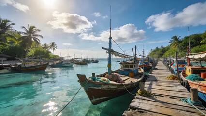 Fototapeta premium Fishing Boats Anchored at Tropical Coastal Harbor