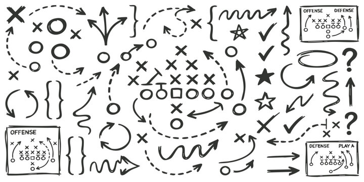 Hand drawn american football strategy diagrams and tactical play sketches with arrows and player positions