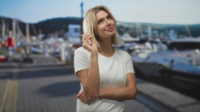 Woman tucking hair with fingers at marina pier, arms crossed and smiling slightly while looking aside toward boats and dock on a sunny day; serenity.