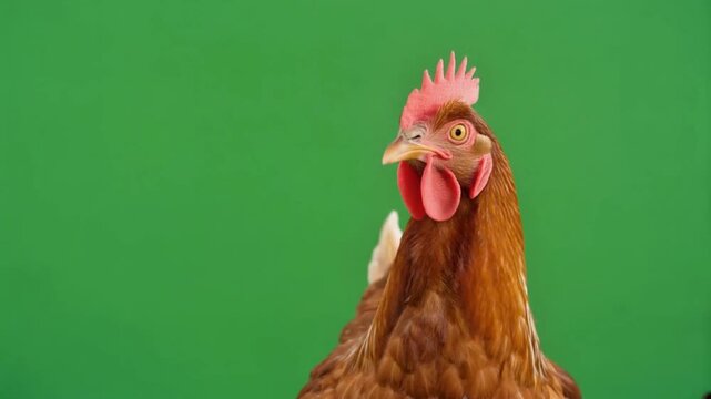 Beautiful Domestic Rooster Proudly Looking Around Profile View Close Up on Chroma Key Green Screen