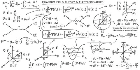 Handwritten notes with quantum field theory equations and electrodynamics physics formulas on a study board © GraphixEra