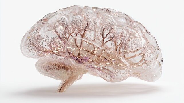 A detailed transparent model of a human brain showcasing its intricate structures and blood vessels.
