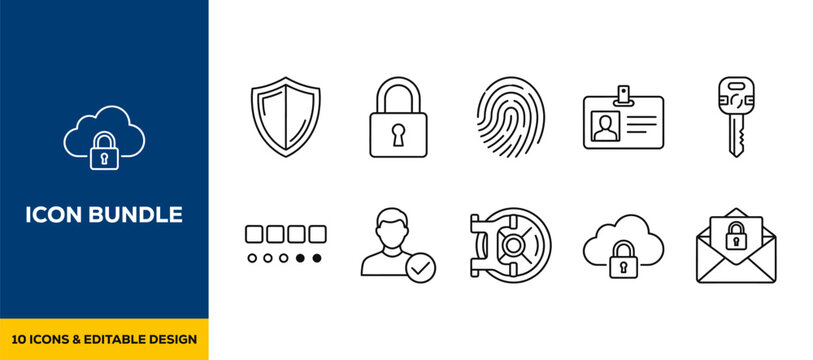 Hand drawn secure access icons with cloud security fingerprint shield and id badge symbols flat vector illustration icon bundle set high resolution