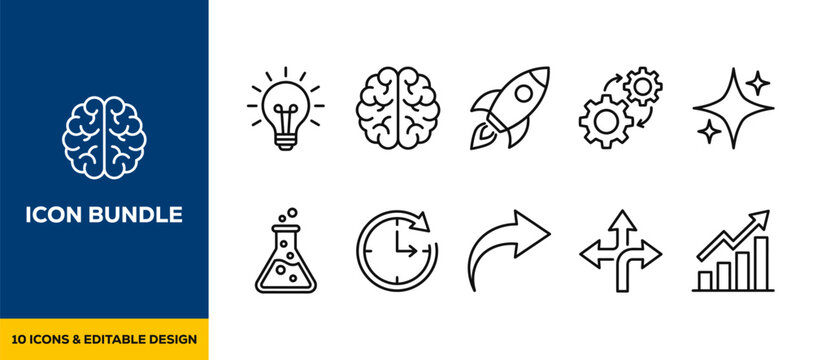 Hand drawn innovation and science lab icons with brain rocket gears and test tube symbols flat vector illustration icon bundle set high resolution