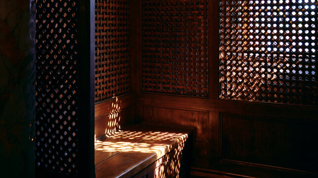 confessional. A vintage wooden confessional booth with light filtering through its lattice grill. event programs, museum guides, designed for cultural heritage projects and event programs.