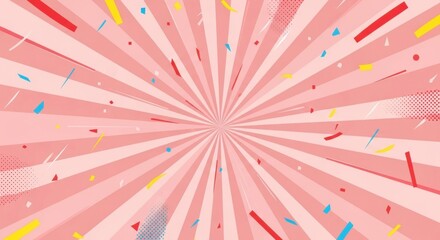 Fototapeta premium Pink bursting rays with colorful confetti celebration background