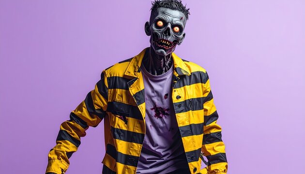 Zombie in Yellow Striped Jacket Posing Against a Purple Background.