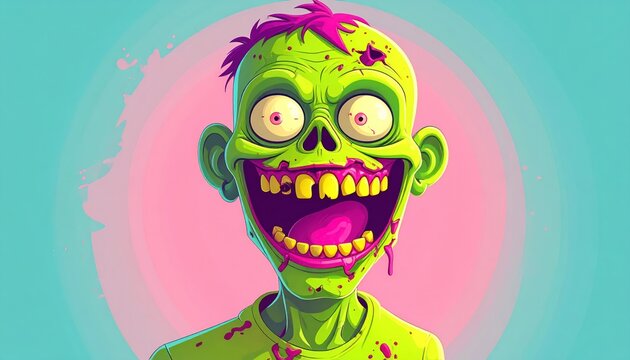 Cartoon Zombie Portrait - Green Skin, Open Mouth, Spooky Halloween Illustration.