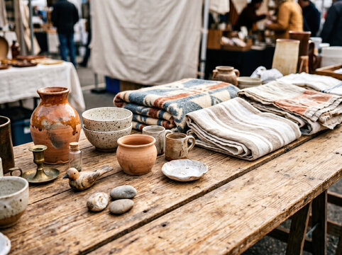 Handmade Pottery and Textiles Displayed at an Artisan Market