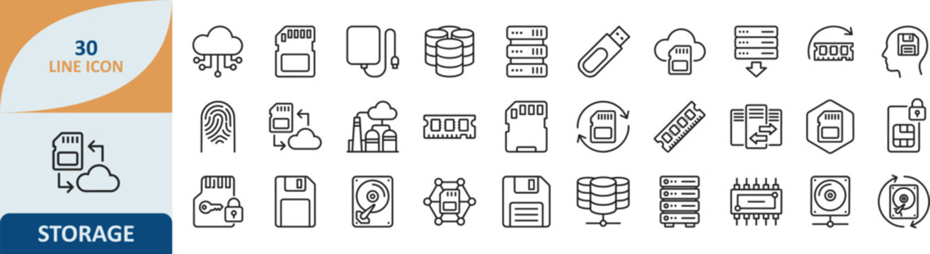 Digital technology and data storage line icons featuring computer hardware and software symbols technology computer hardware software illustration connection electronic minimalist collection