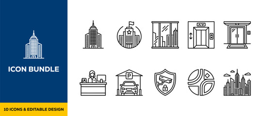 Hand drawn city architecture and smart building icons with elevator and security symbols flat vector illustration icon bundle set high resolution © markephics