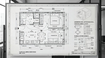 Electrical and lighting plan for a compact studio apartment with technical symbols and wiring diagrams © Siam