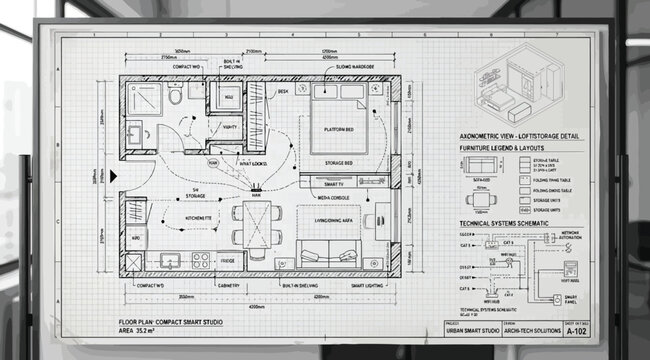 Electrical and lighting plan for a compact studio apartment with technical symbols and wiring diagrams