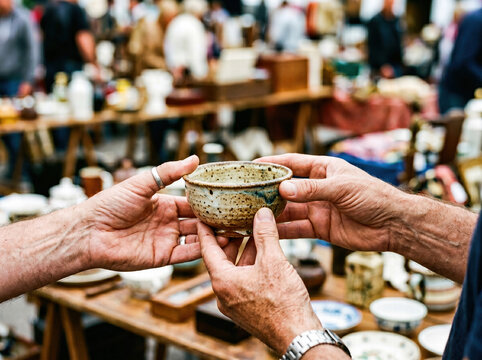 Hands Inspecting Handmade Ceramic Bowl at Outdoor Flea Market