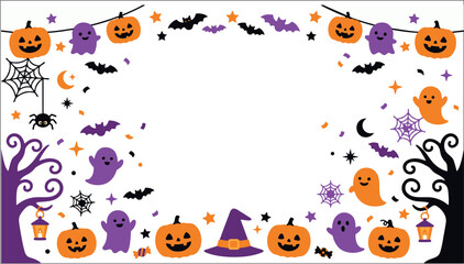 Fototapeta premium Purple Halloween Border Frame with Ghosts and Pumpkins