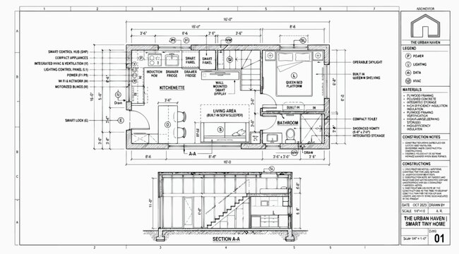 Architectural floor plan and section drawing of a small modern tiny house design