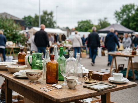 Vintage Glass Bottles and Collectibles Displayed at Outdoor Flea Market