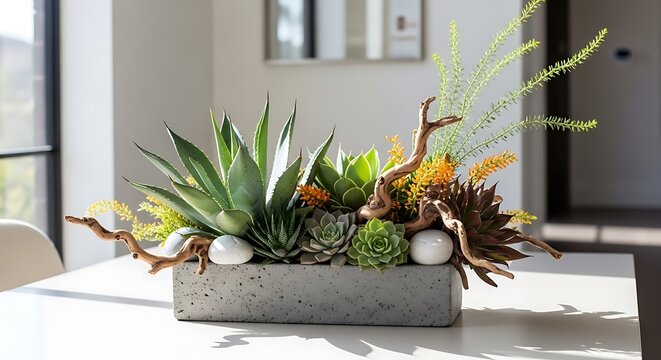 A beautiful arrangement of green succulents and dry branches inside a long grey stone planter on a bright table. desert botanical mix