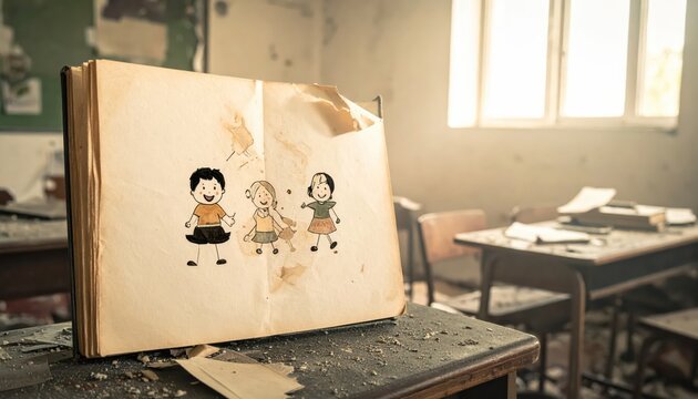 Torn Page of a Children's Book Featuring Happy Drawings of Children in an Abandoned Classroom