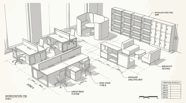 Isometric 3d perspective drawing of a modern office workstation layout with modular furniture and storage units