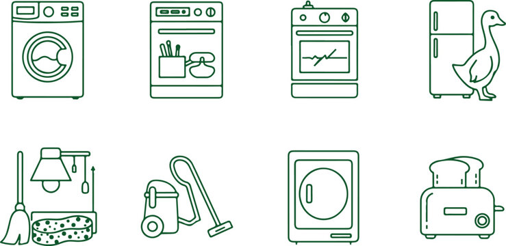 Collection of household appliances and objects for cleaning and laundry with duck and washing machine vector icons.