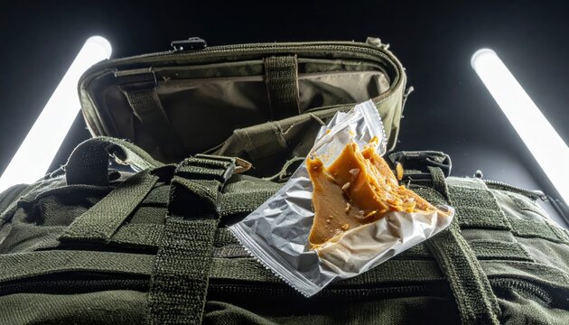 Torn Open Ration Pack Revealing Meager Survival Food Contents on Tactical Backpack