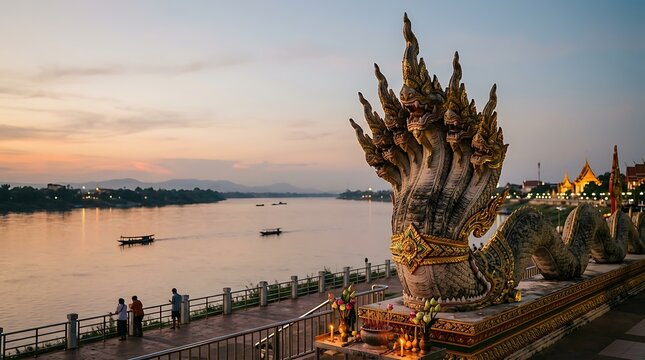 sacred naga sculpture mekong riverside nong khai town  
