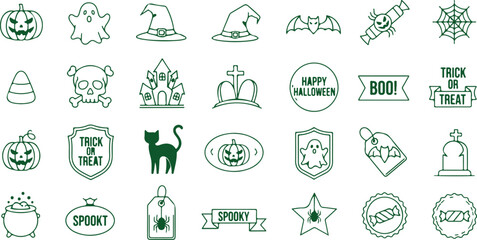 Naklejka premium Collection of Halloween themed icons with pumpkins, ghosts, witches hats, bats, skulls and spooky signs.