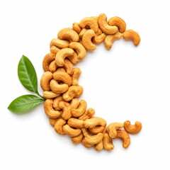 Fototapeta premium Roasted cashew nuts arranged in a neat crescent shape with two fresh green leaves beside them premium plant based snack and nutrition concept clean flat lay composition isolated