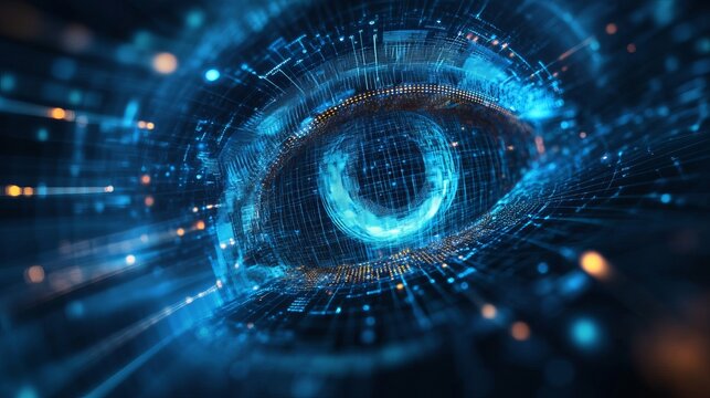 Abstract digital eye formed by glowing blue circuitry lines and complex data nodes in space